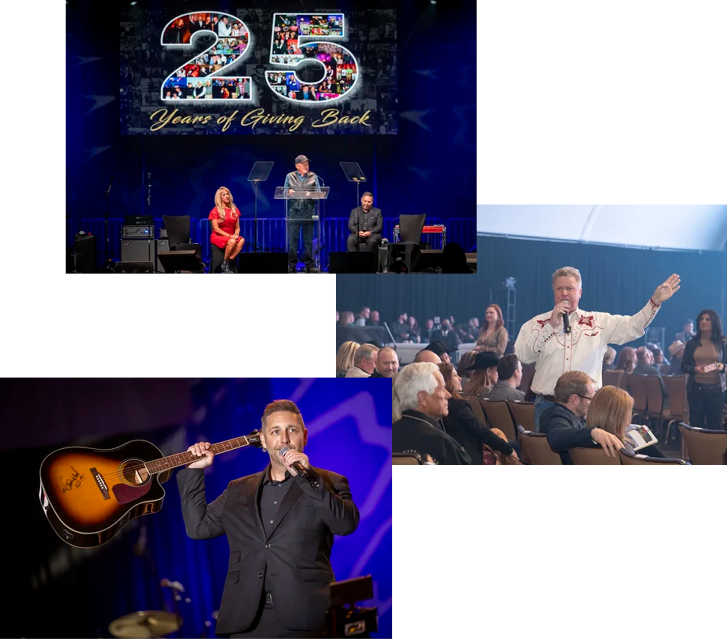 Celebration event with stage, speakers, and audience at a community gathering.