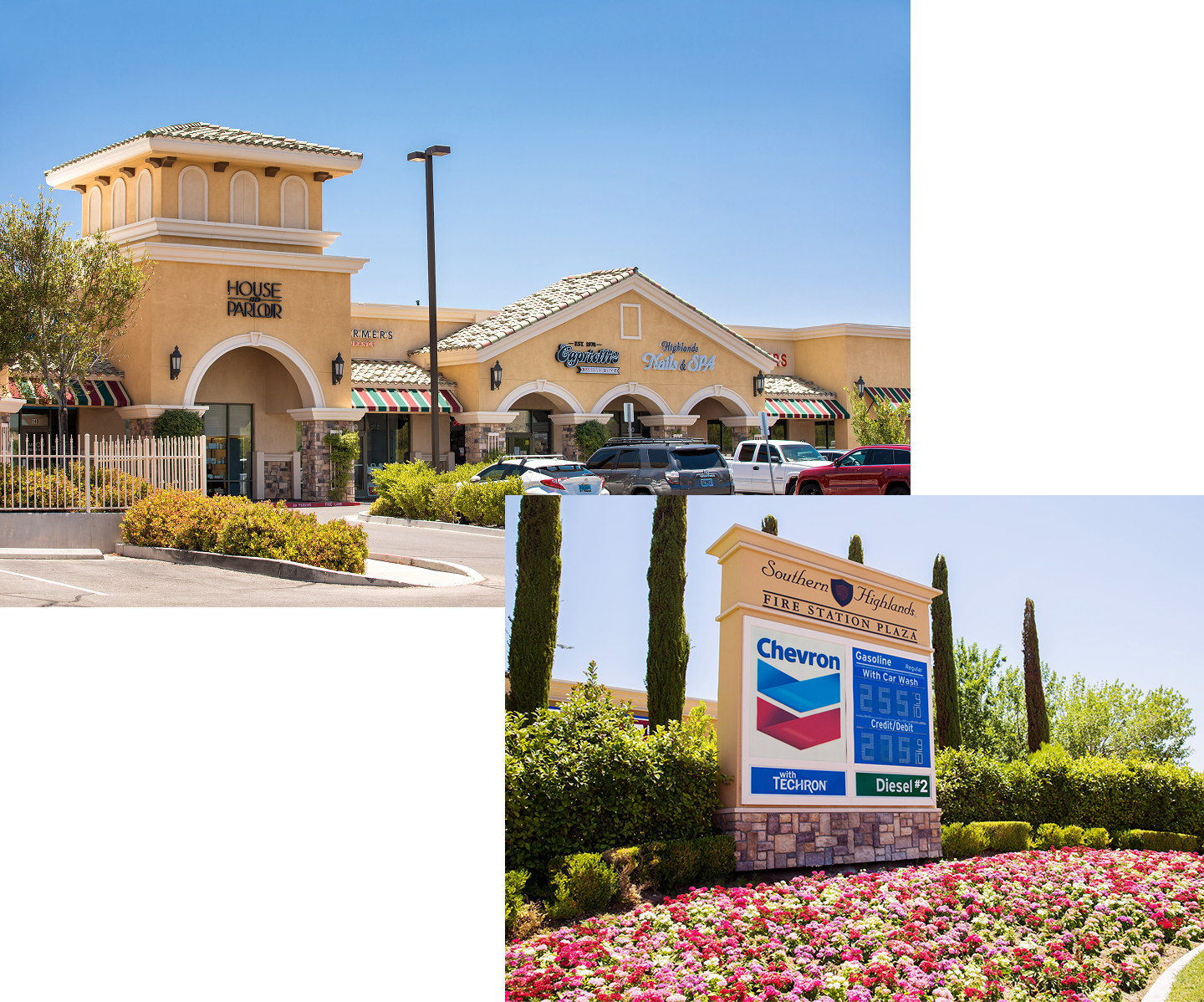 Community shopping center with retail stores and a Chevron gas station.